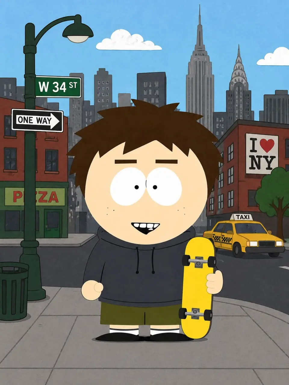 Un personaje South Park con una patineta sobre un fondo urbano estilo Nueva York