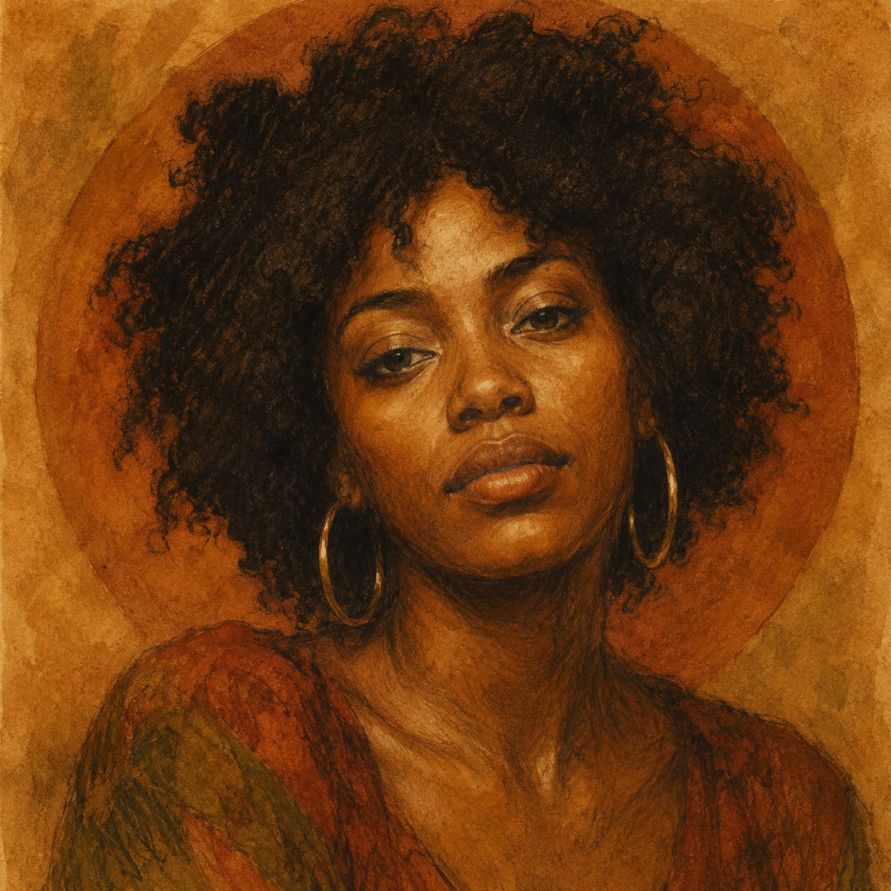 Portada de álbum R&B con IA con un retrato femenino ilustrado en tonos cálidos y textura soul vintage.