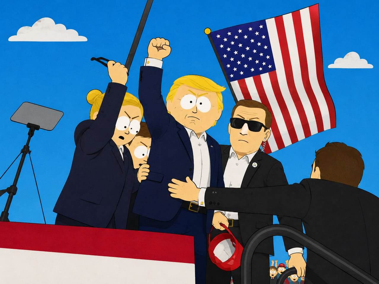 Ejemplo de South Park AI generator mostrando una escena política de caricatura con colores intensos y estilo de recortes