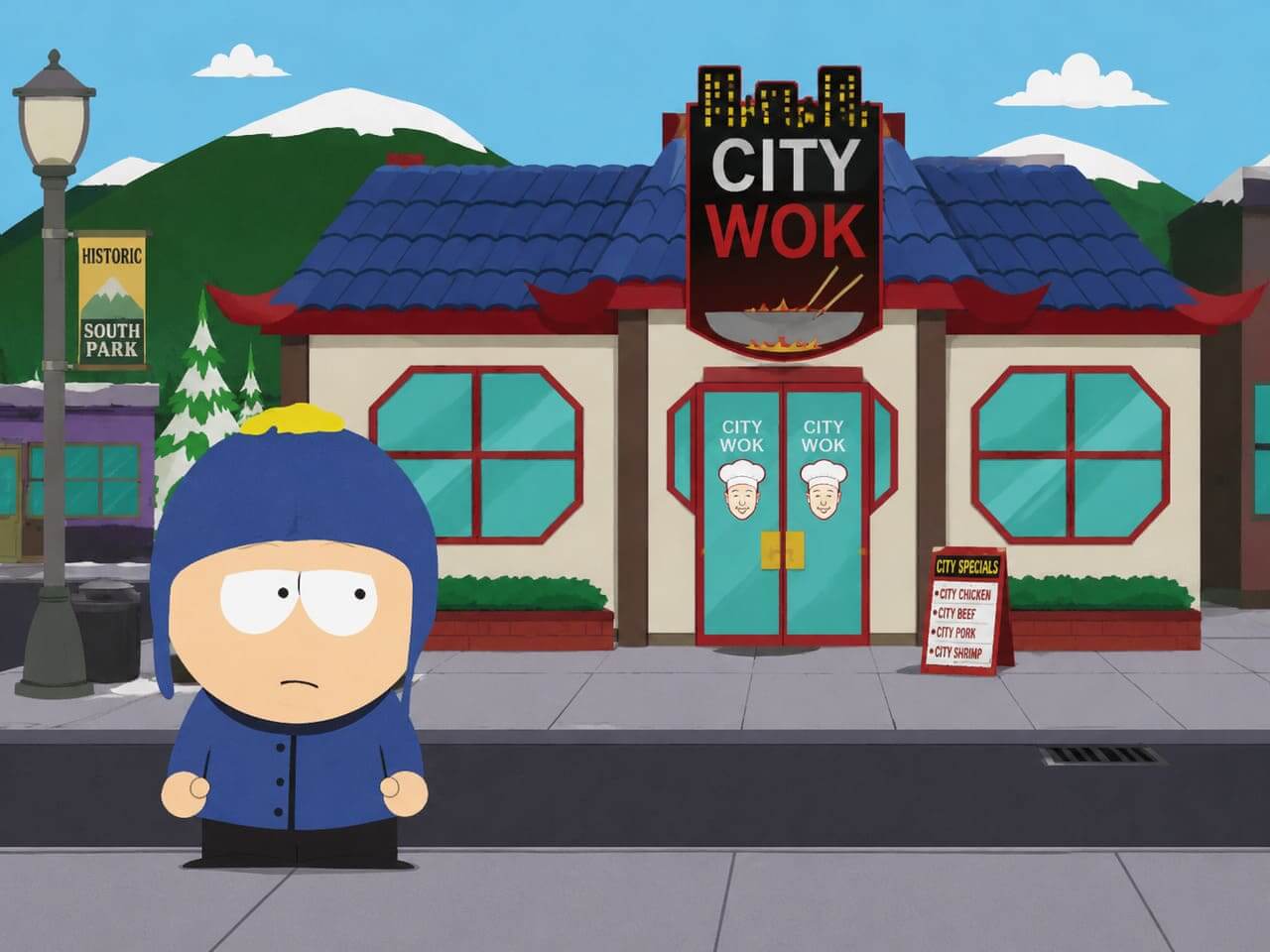 Un personaje South Park personalizado frente a City Wok, creado con un generador AI de South Park