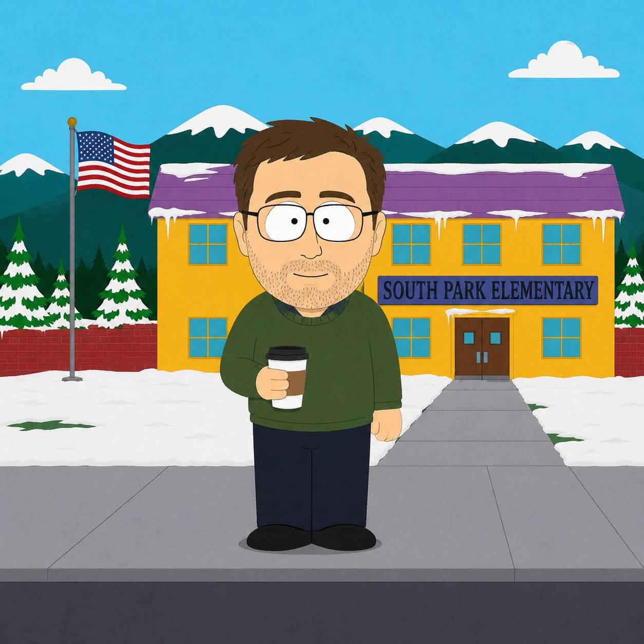 Personajes principales de South Park frente a South Park Elementary, mostrando cómo crear diseños de personajes South Park con AI