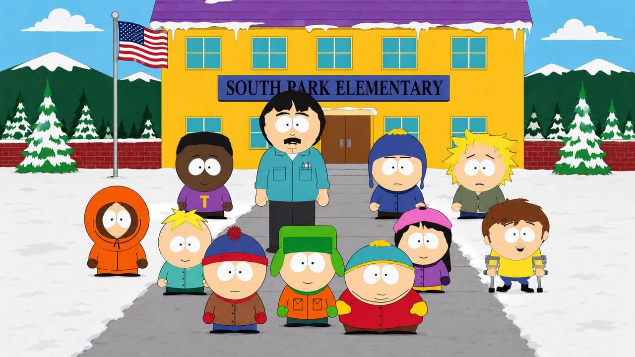 Grupo de personajes de caricatura South Park frente a South Park Elementary