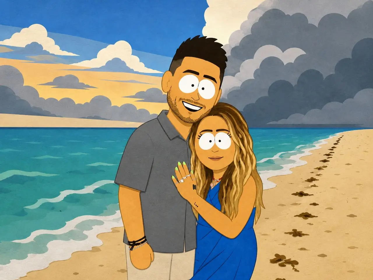 Ejemplo de South Park character maker creando una foto personalizada de pareja en una playa