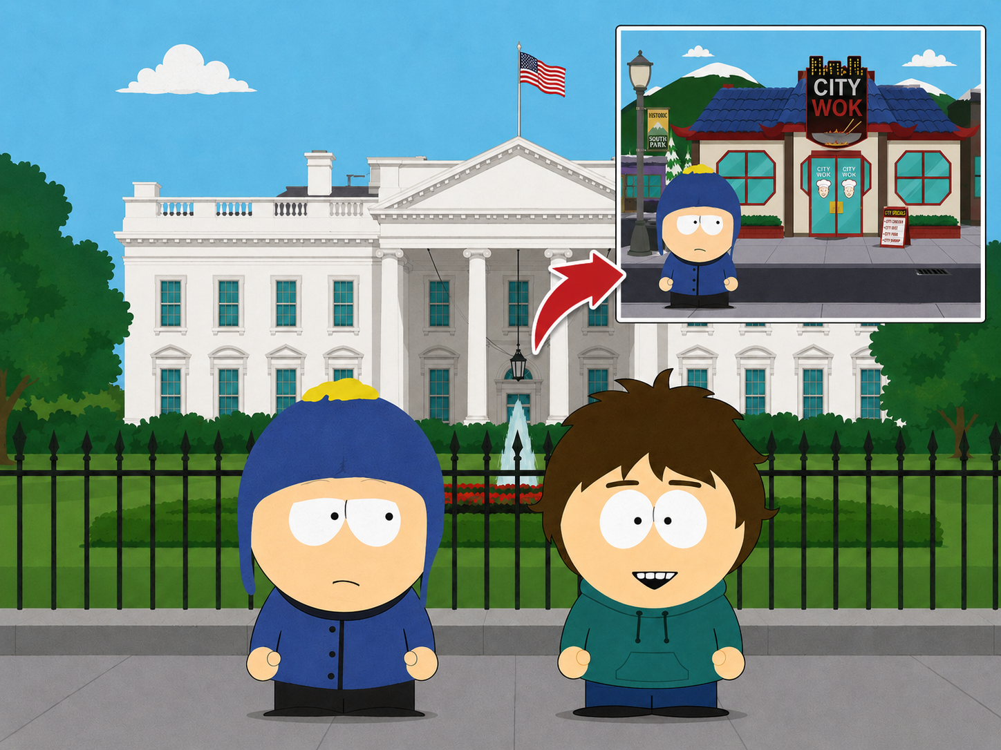 Dos personajes de caricatura estilo South Park frente a la Casa Blanca con una escena de City Wok insertada