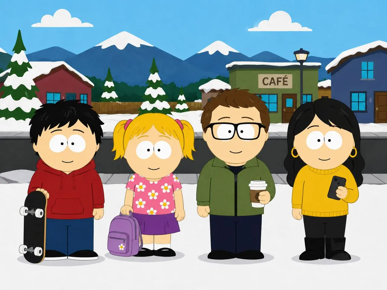 Un grupo de amigos estilo South Park frente a un pueblo nevado, mostrando cómo un South Park creator puede convertir personas en personajes animados