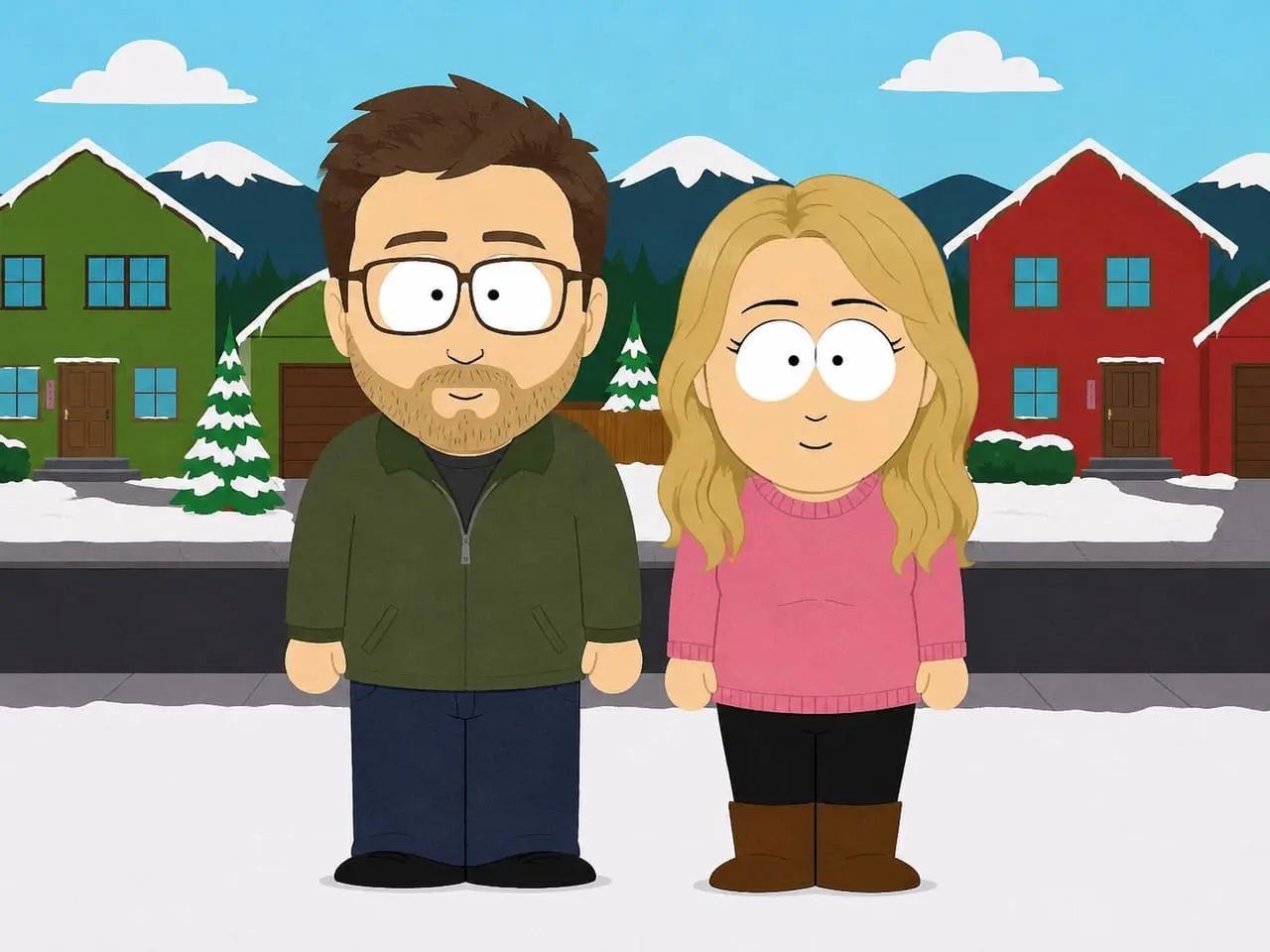 Una pareja estilo South Park en una escena de pueblo nevado, creada con Lanta AI South Park OC maker