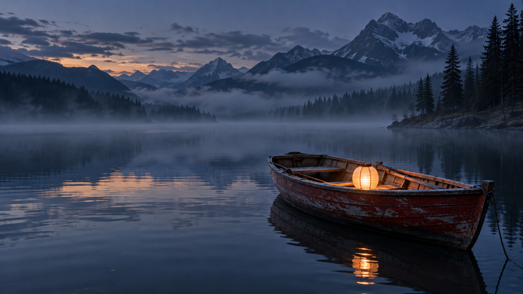 A red wooden rowboat with a glowing lantern on a misty blue lake beneath distant pine silhouettes