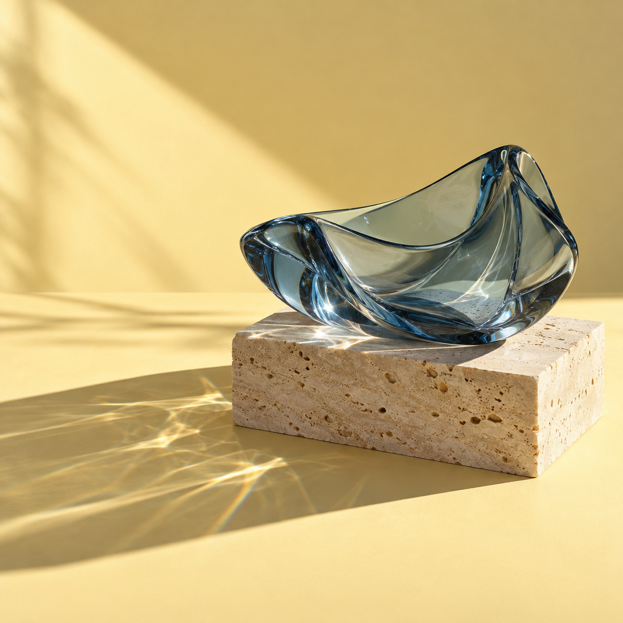 Smoky blue glass sculpture on pale travertine with prismatic light and a soft yellow backdrop