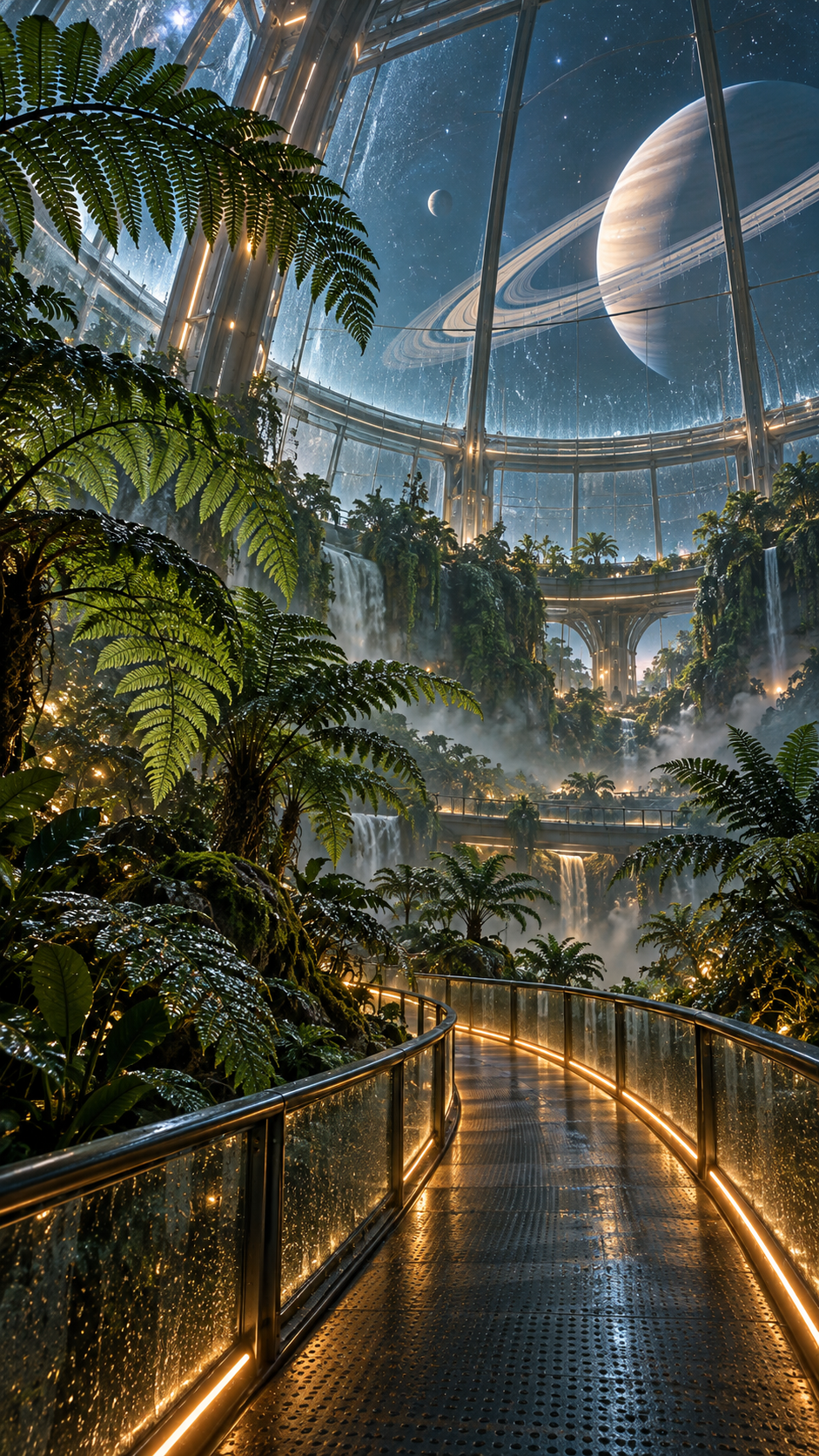 Futuristic glass conservatory with giant ferns, a curved walkway, and a distant planet in the night sky