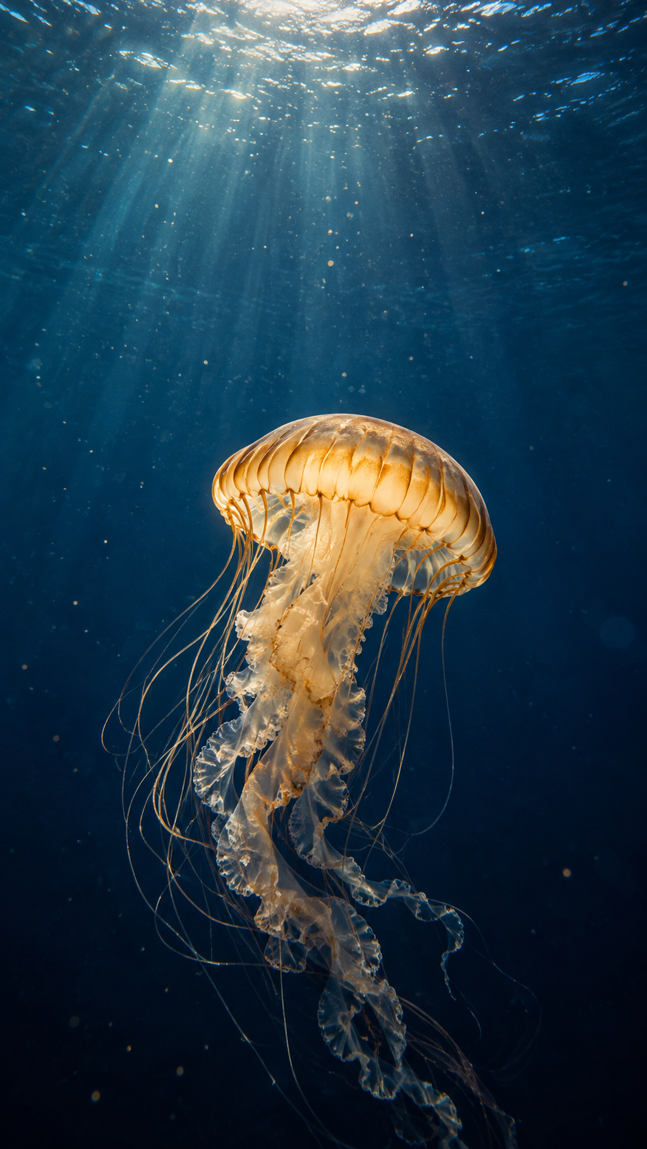 A translucent amber jellyfish with long delicate filaments suspended in deep cobalt water
