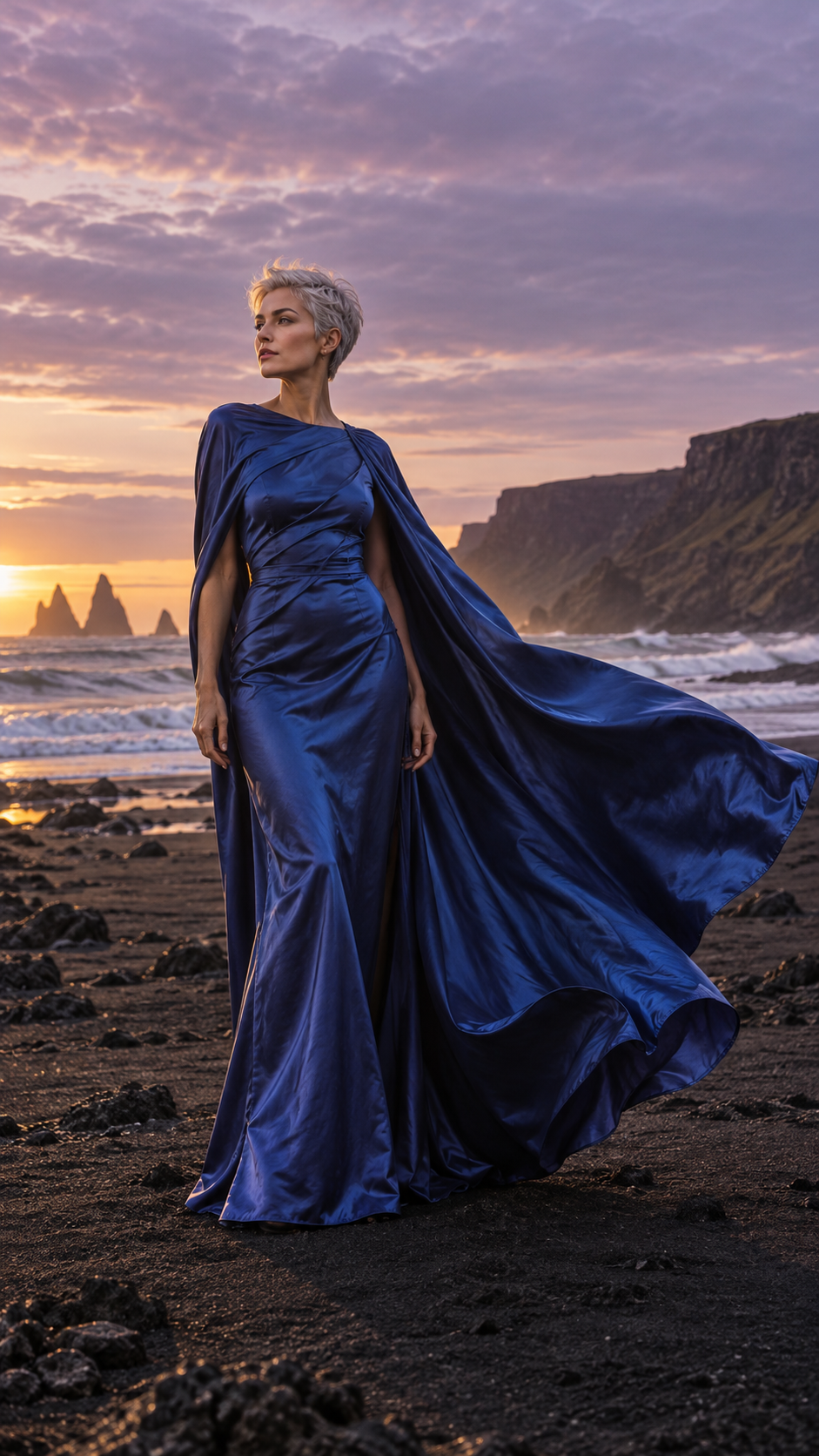Fashion portrait of a silver-haired woman in flowing cobalt fabric on a dark volcanic beach at dusk