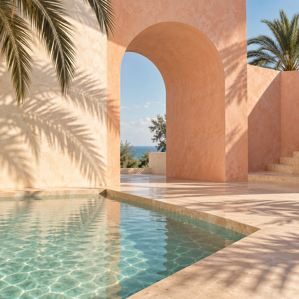 Quiet pastel courtyard with a peach plaster arch, an aquamarine pool, and crisp palm-leaf shadows
