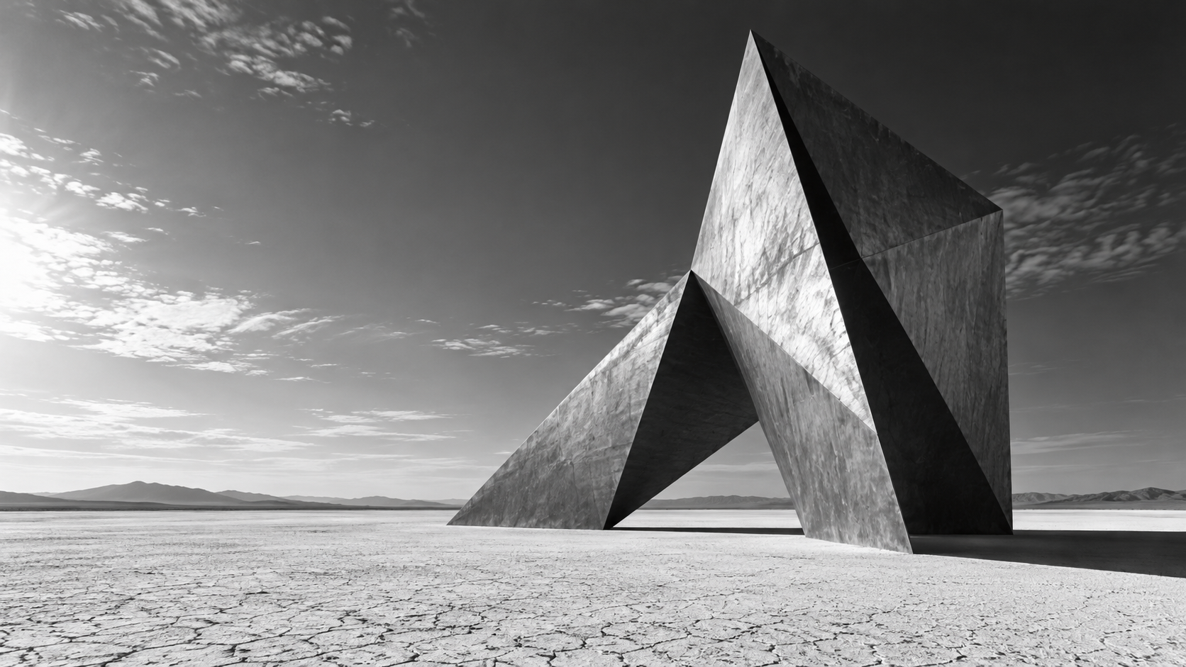 Monochrome architectural scene with an angular folded-metal sculpture and long shadows on a pale desert